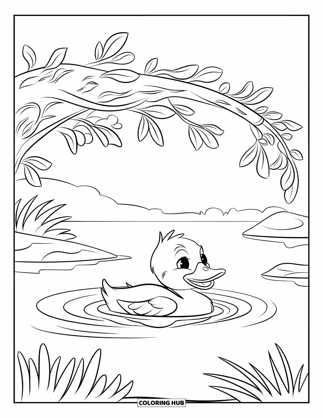 Duckling Coloring Page for Kids: Duckling gliding under a leafy branch shading the quiet water