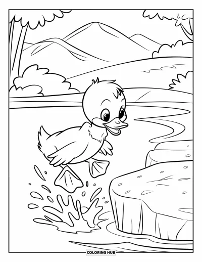 Desenho de patinhos para colorir para crianças: Patinho pulando de uma pedra em uma lagoa e espirrando água