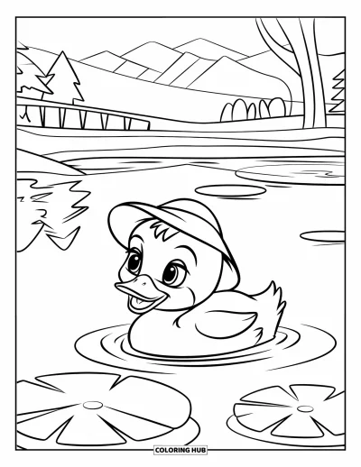 Desenho de patinhos para colorir para crianças: Patinho com chapéu nadando perto de vitórias-régias em um lago de montanha tranquilo