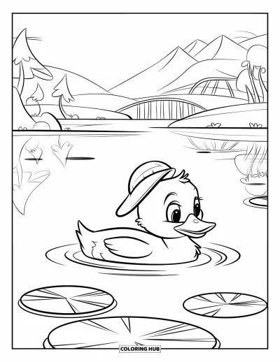 Desenho de patinhos para colorir para crianças: Patinho com chapéu nadando perto de vitórias-régias com montanhas e uma ponte ao fundo