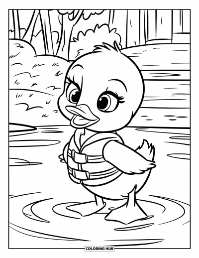 Desenho de patinhos para colorir para crianças: Patinho com colete salva-vidas em pé em água rasa perto de árvores