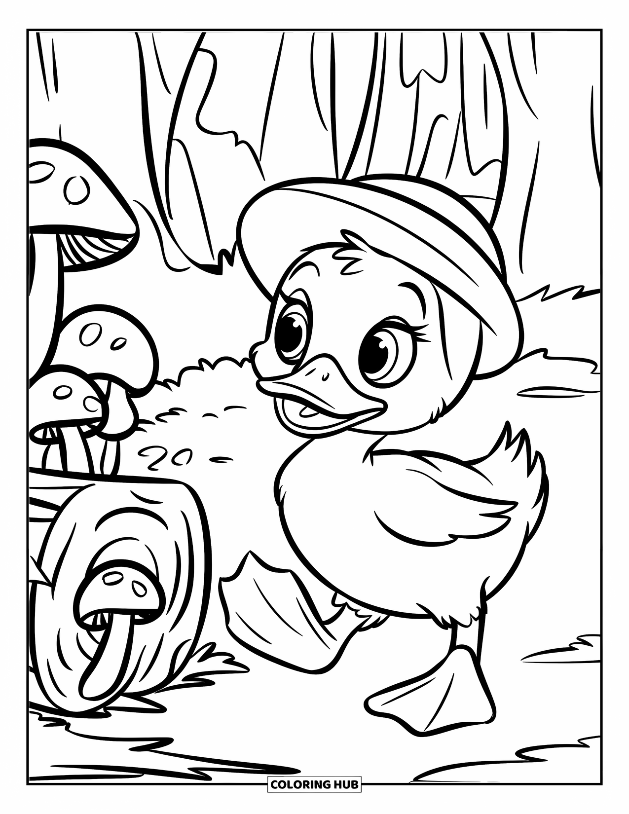 Duckling Coloring Page for Kids: Duckling in a little hat waddling past a log with mushrooms
