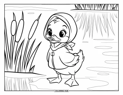 Desenho de patinhos para colorir para crianças: Patinho de capa de chuva e cachecol perto de juncos e água calma