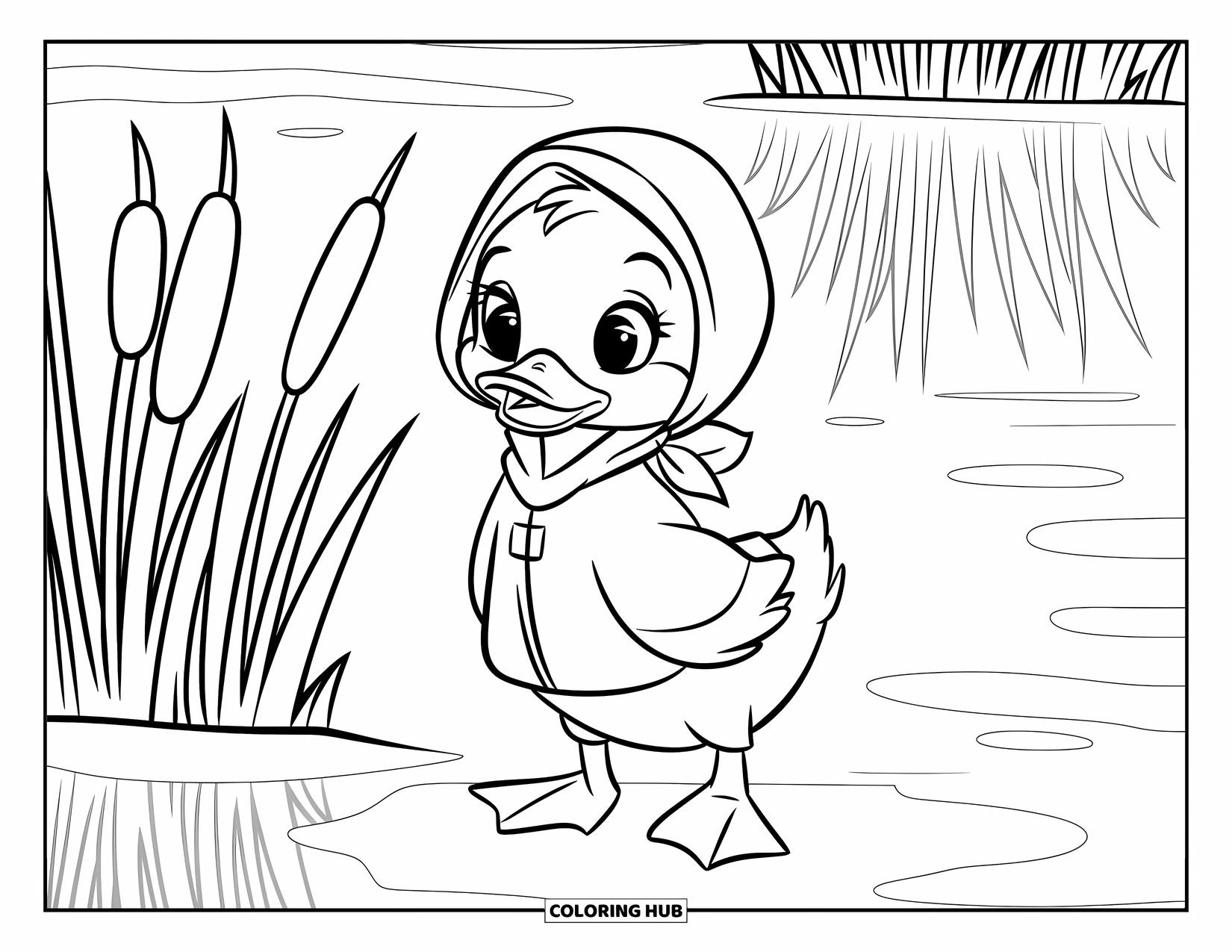 Duckling Coloring Page for Kids: Duckling in a raincoat and scarf near reeds and calm water