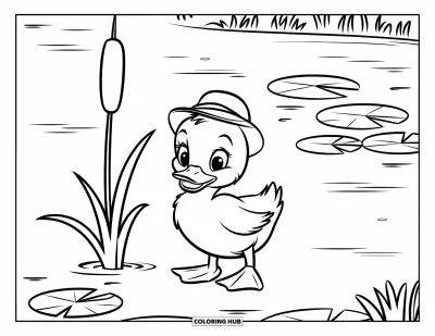 Desenho de patinhos para colorir para crianças: Patinho com um chapeuzinho em pé ao lado de um único taboá