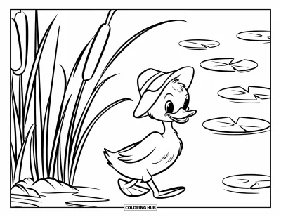 Desenho de patinhos para colorir para crianças: Patinho com um chapeuzinho caminhando perto de taboás à beira de um lago tranquilo