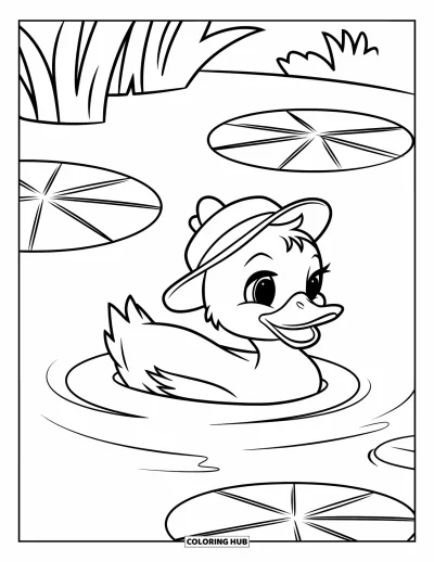 Desenho de patinhos para colorir para crianças: Patinho com um chapeuzinho nadando entre vitórias-régias em água calma
