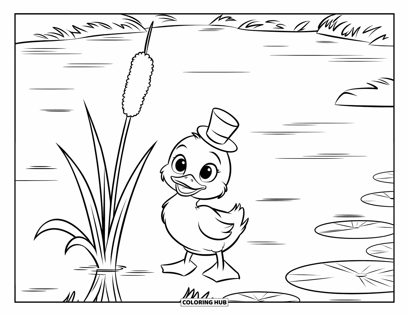Duckling Coloring Page for Kids: Duckling in a top hat beside a tall cattail by a lake