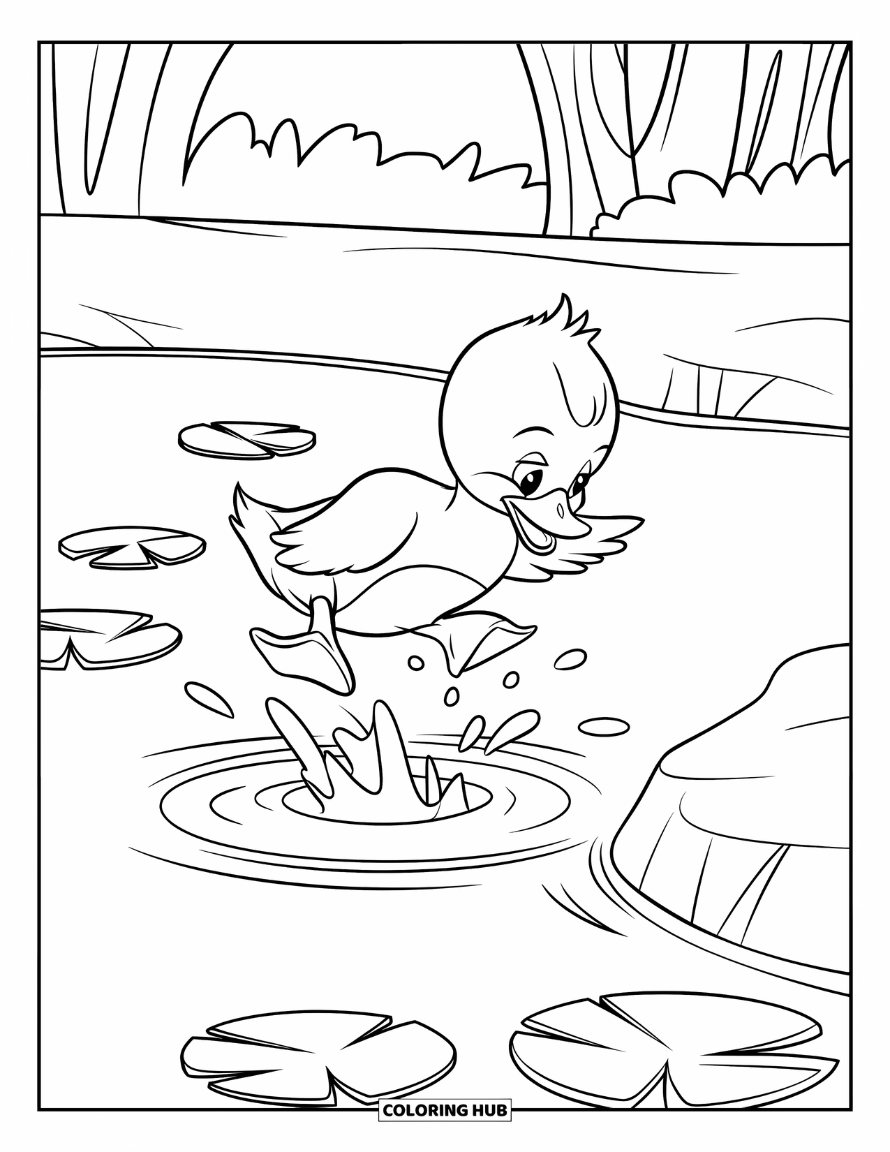 Duckling Coloring Page for Kids: Duckling leaping from a rock into a pond with lily pads