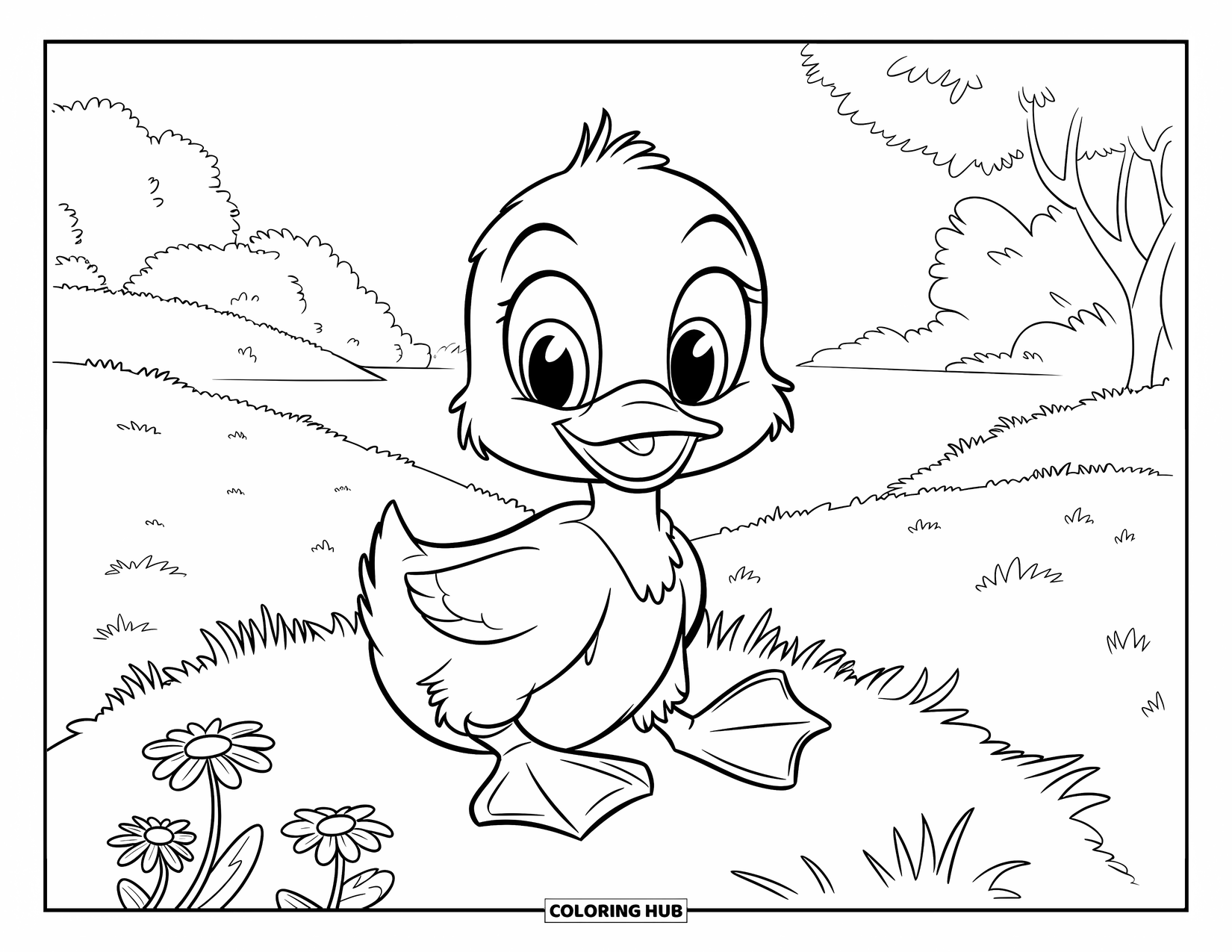 Duckling Coloring Page for Kids: Duckling on a grassy hill with daisies near trees and a lake
