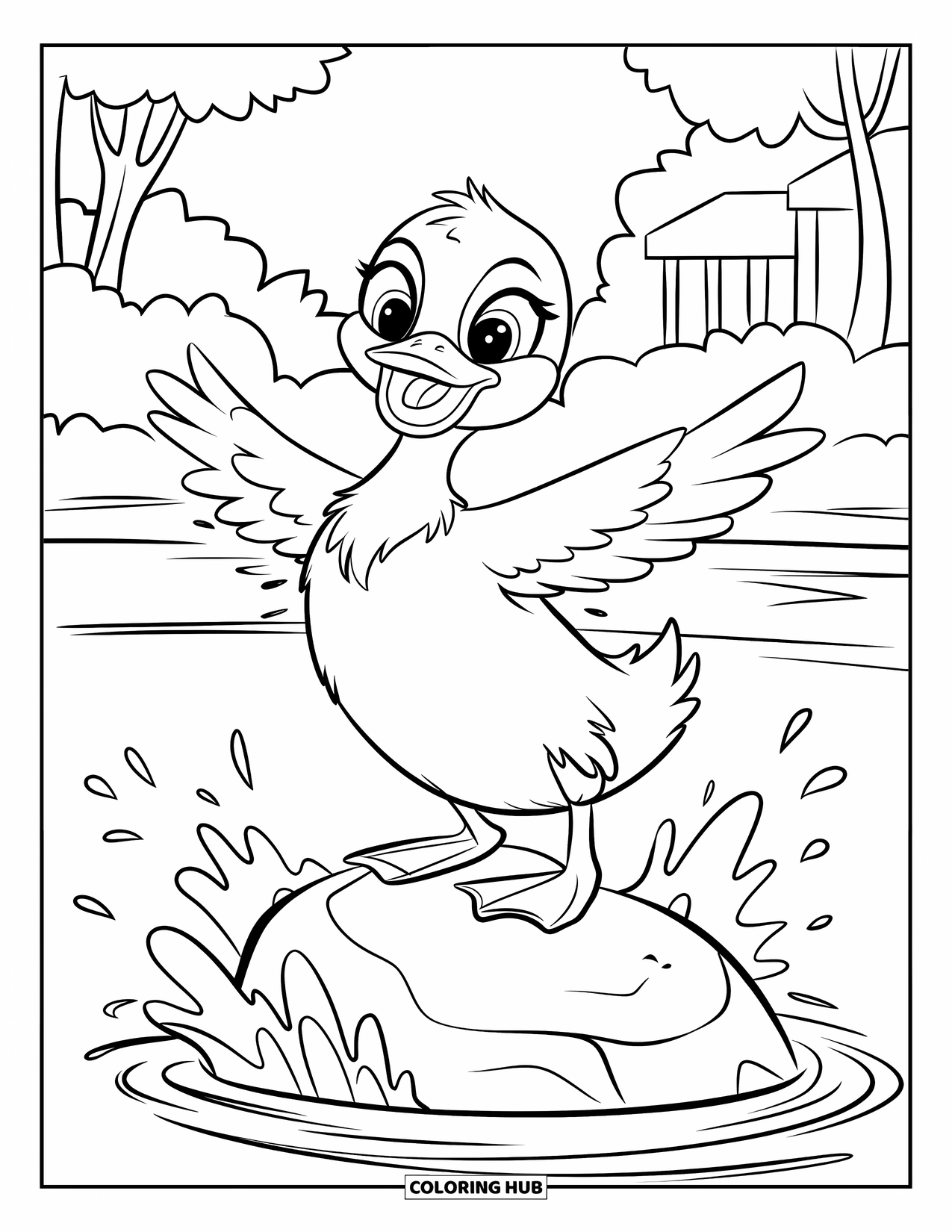 Duckling Coloring Page for Kids: Duckling on a rock splashing water in a calm, tree-lined pond