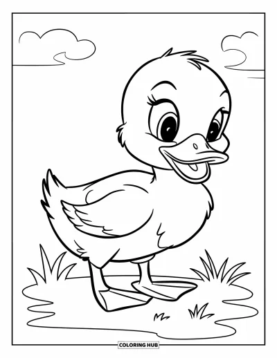 Desenho de patinhos para colorir para crianças: Patinho na grama sob um céu ensolarado com nuvens