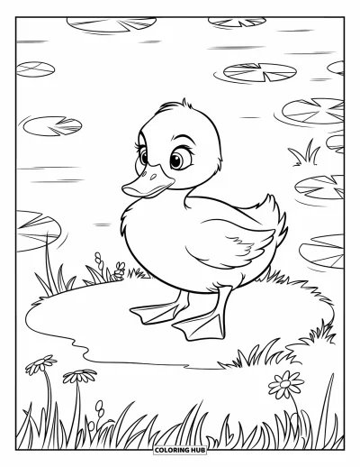 Desenho de patinhos para colorir para crianças: Patinho em um canteiro com flores silvestres à beira de um lago