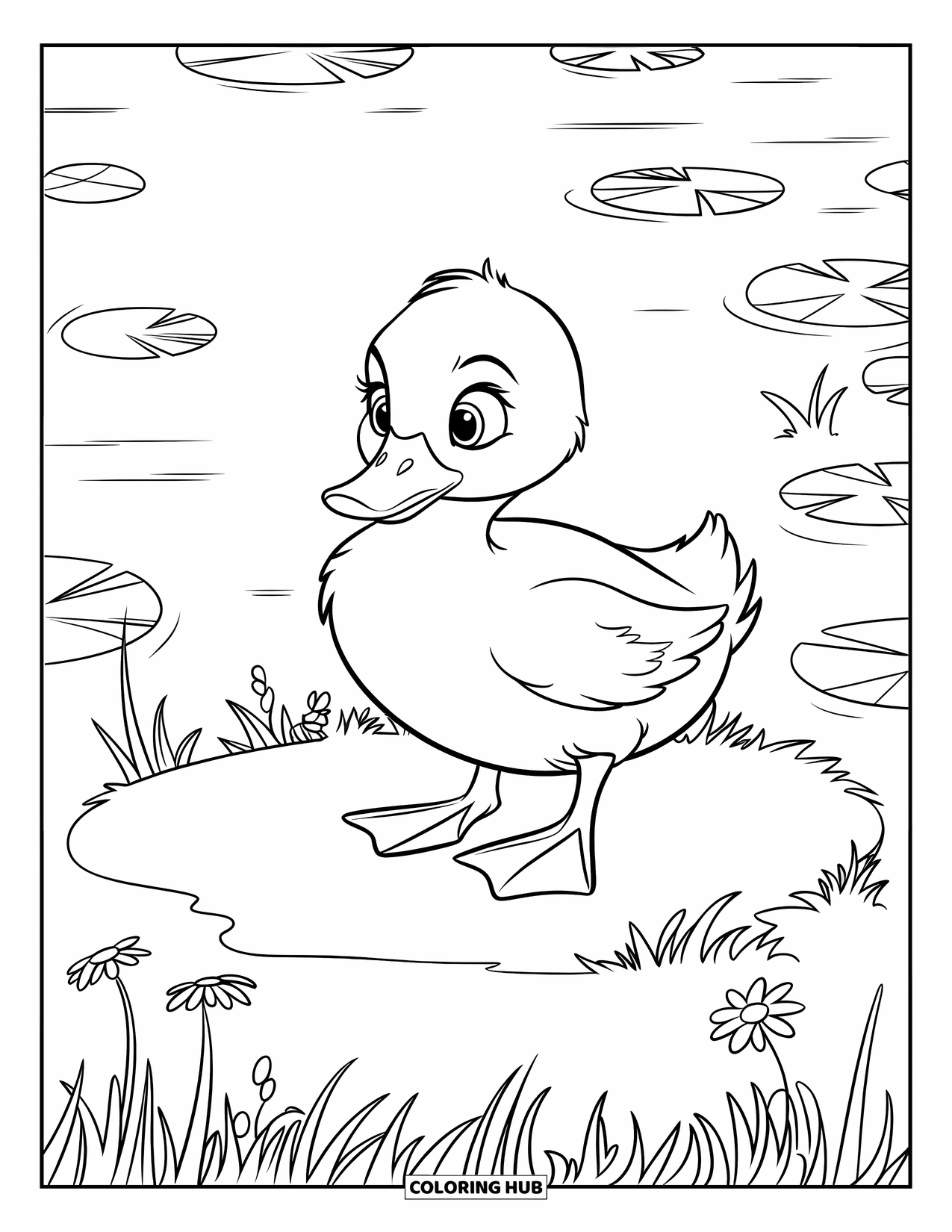 Duckling Coloring Page for Kids: Duckling on grassy patch with wildflowers near a lake