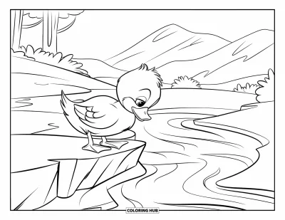Desenho de patinhos para colorir para crianças: Patinho pousado em uma pedra acima de um riacho com montanhas e árvores ao fundo