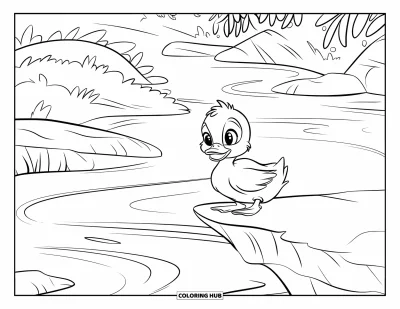 Desenho de patinhos para colorir para crianças: Patinho pousado em uma pedra acima de um riacho sereno rodeado de vegetação