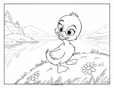 Desenho de patinhos para colorir para crianças: Patinho descansando em uma colina com margaridas à beira de um lago tranquilo