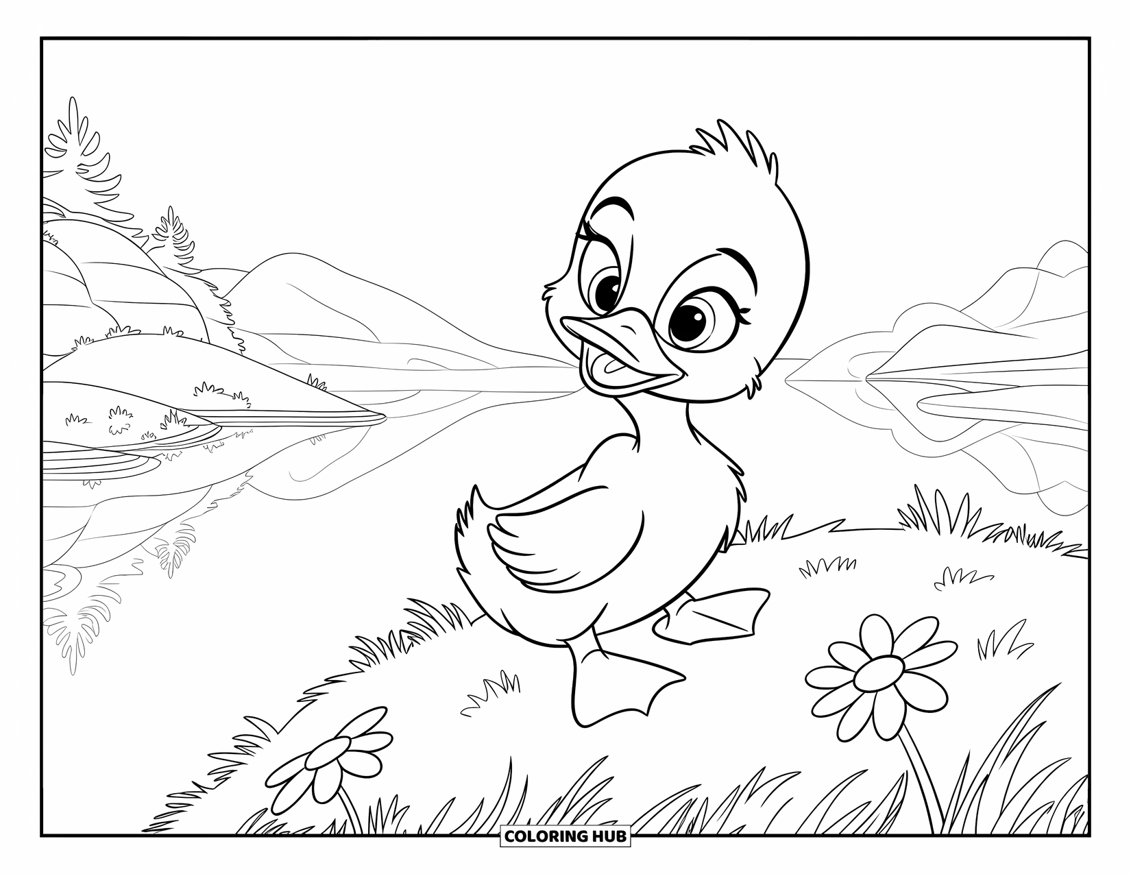 Duckling Coloring Page for Kids: Duckling resting on a grassy hill with daisies by a calm lake
