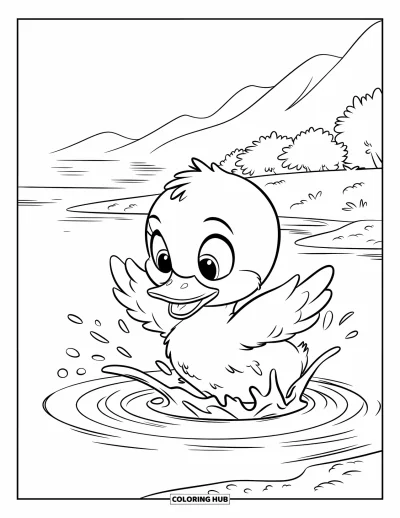 Desenho de patinhos para colorir para crianças: Patinho espirrando água perto da margem em uma paisagem de montanha