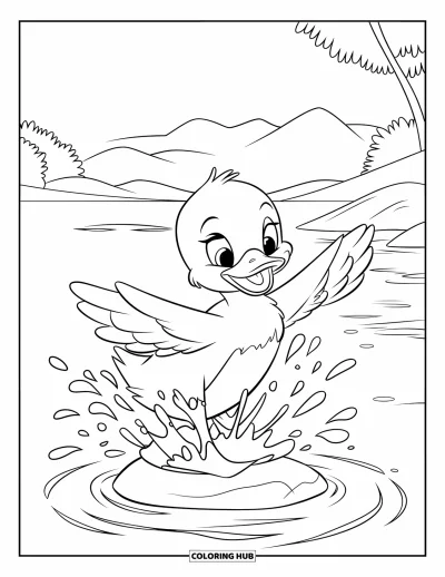 Desenho de patinhos para colorir para crianças: Patinho espirrando água com as patas em um lago de montanha