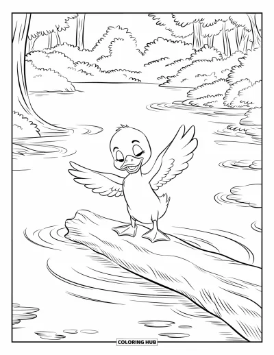 Desenho de patinhos para colorir para crianças: Patinho abrindo as asas em um tronco coberto de musgo em um lago de floresta serena