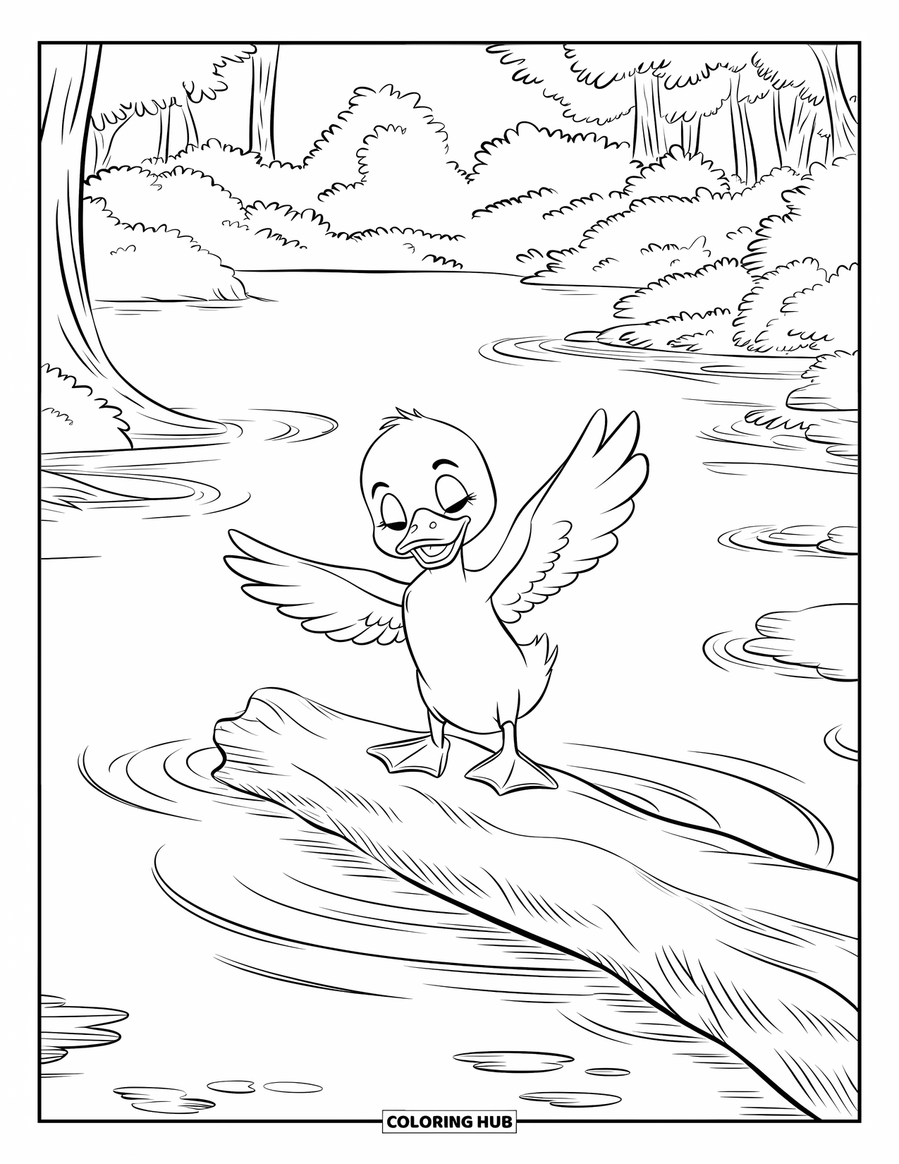 Duckling Coloring Page for Kids: Duckling spreading wings on a mossy log in a peaceful forest lake