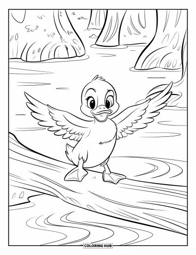 Desenho de patinhos para colorir para crianças: Patinho abrindo as asas em um tronco coberto de musgo sobre água com ondulações