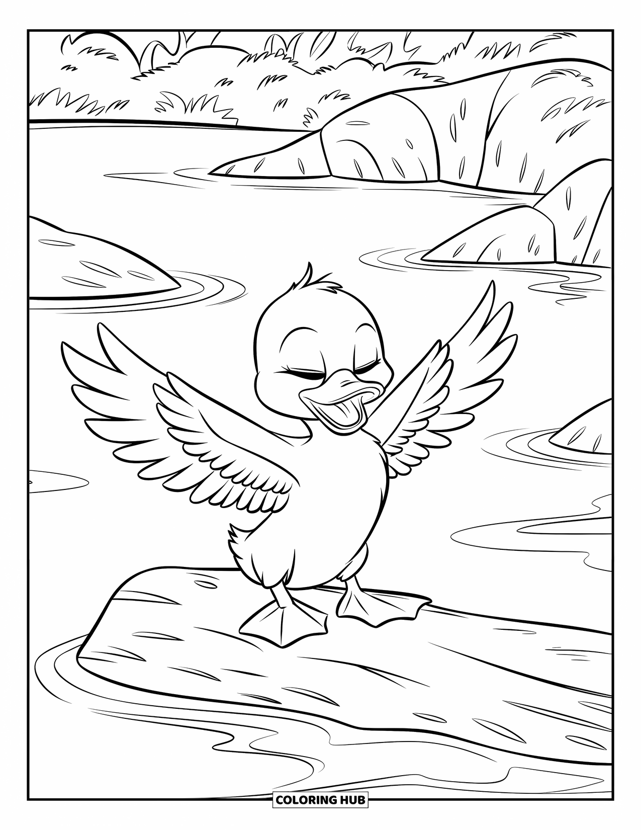 Duckling Coloring Page for Kids: Duckling spreading wings on a mossy log with greenery and rocks nearby