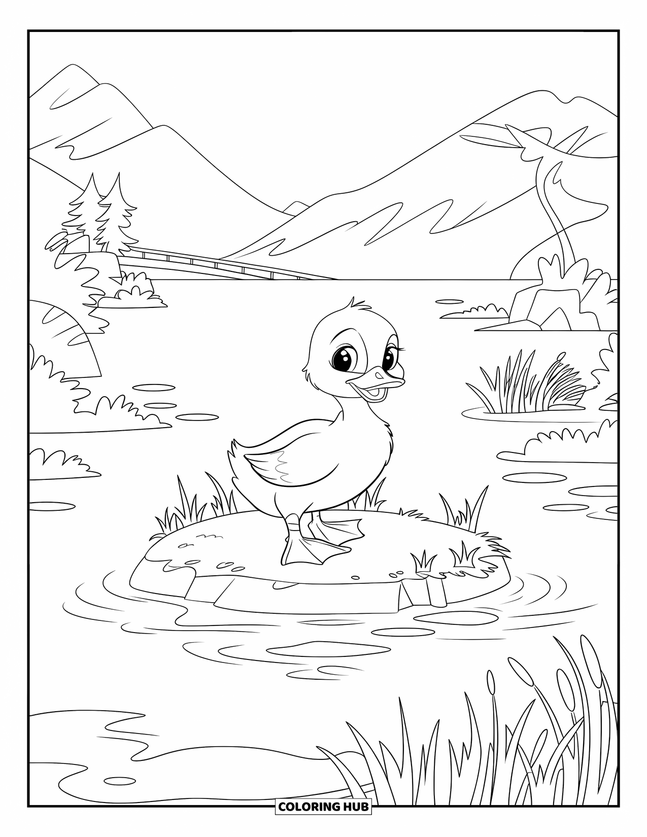 Duckling Coloring Page for Kids: Duckling standing on a reed island in still water with mountains and trees