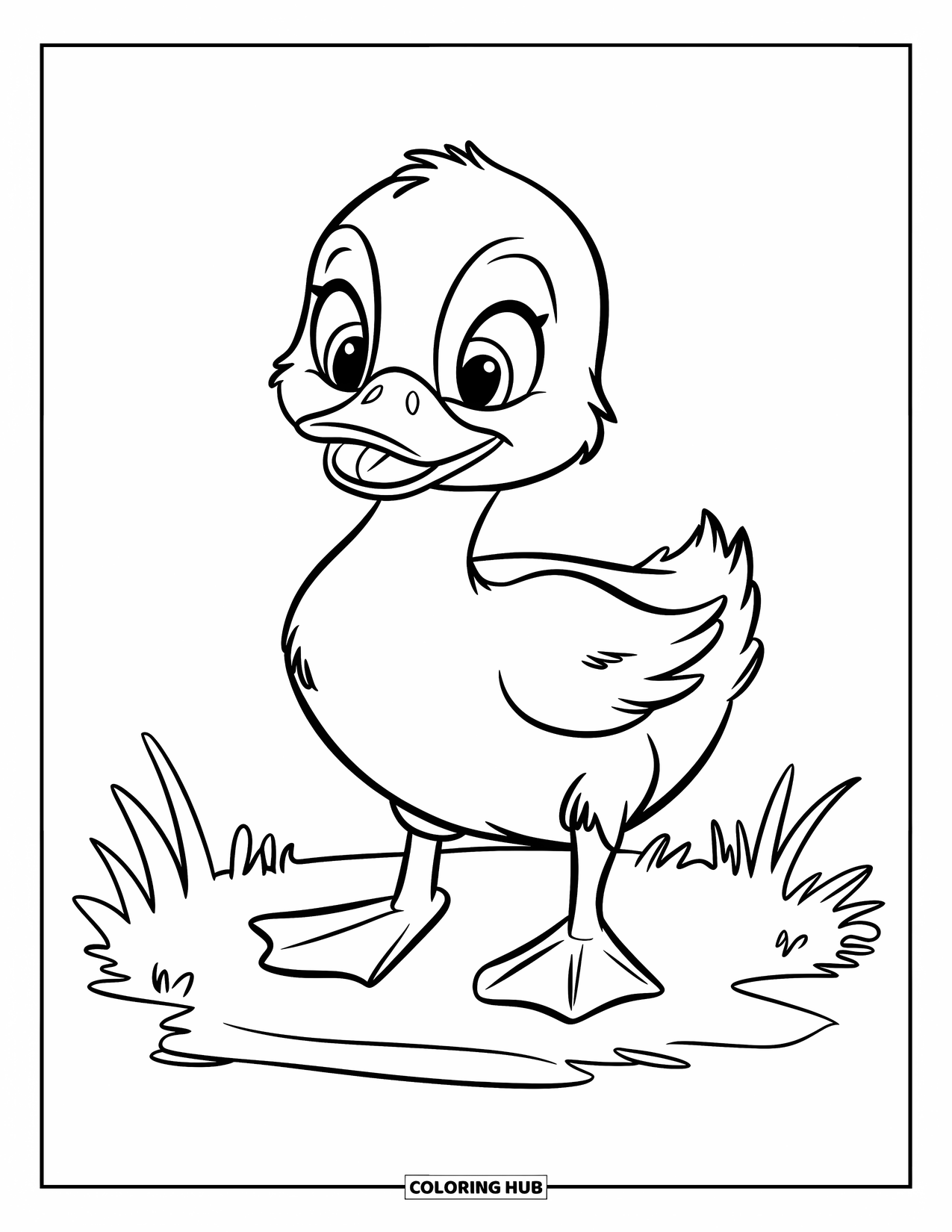 Duckling Coloring Page for Kids: Duckling standing on grass with bright orange feet