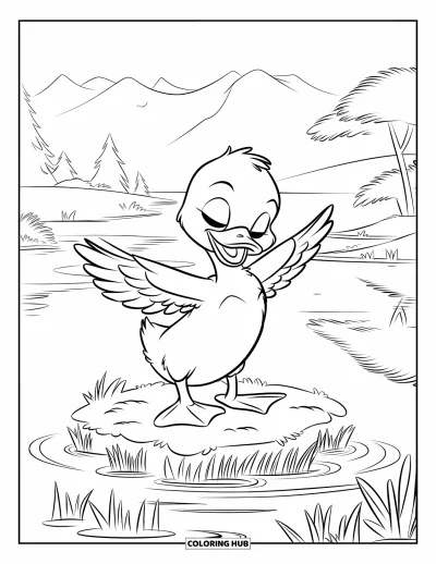 Desenho de patinhos para colorir para crianças: Patinho abrindo as asas em uma ilha de juncos sob um céu limpo