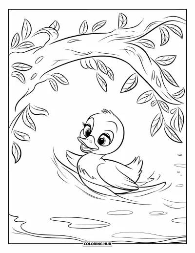 Desenho de patinhos para colorir para crianças: Patinho nadando sob um galho arqueado com folhas em água calma com ondulações