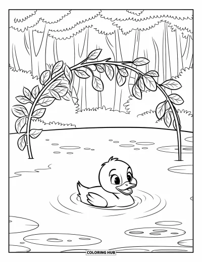 Desenho de patinhos para colorir para crianças: Patinho nadando sob um galho com folhas em uma lagoa de floresta exuberante