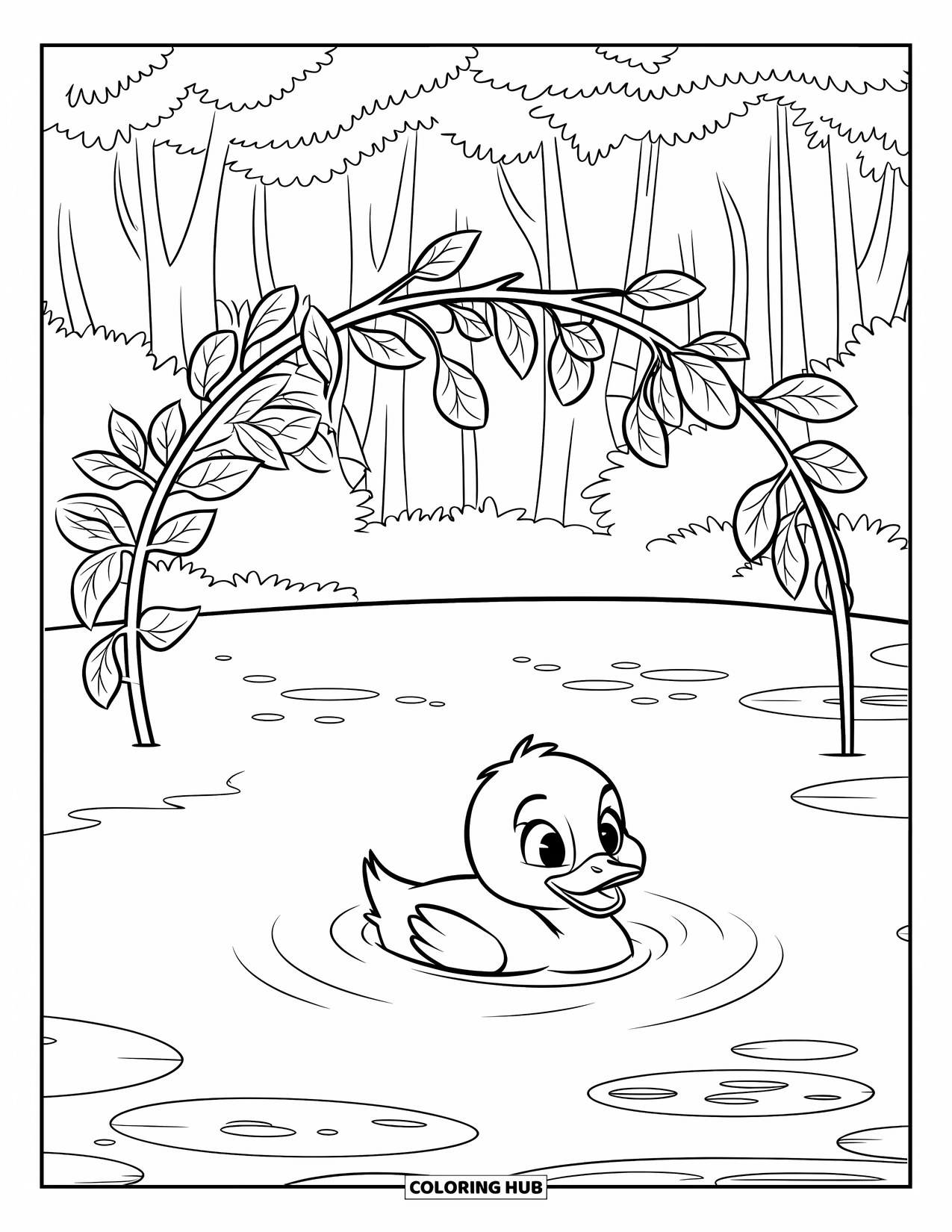 Duckling Coloring Page for Kids: Duckling swimming under a leafy branch in a lush forest pond