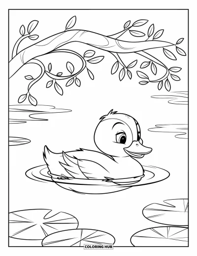 Desenho de patinhos para colorir para crianças: Patinho nadando sob um galho arqueado sobre uma lagoa com vitórias-régias