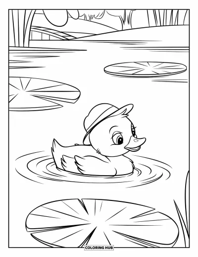 Desenho de patinhos para colorir para crianças: Patinho nadando entre vitórias-régias em água cristalina perto de uma ponte ao longe