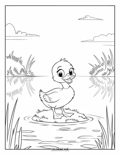 Desenho de patinhos para colorir para crianças: Patinho virando a cabeça em uma ilha de juncos refletida no lago