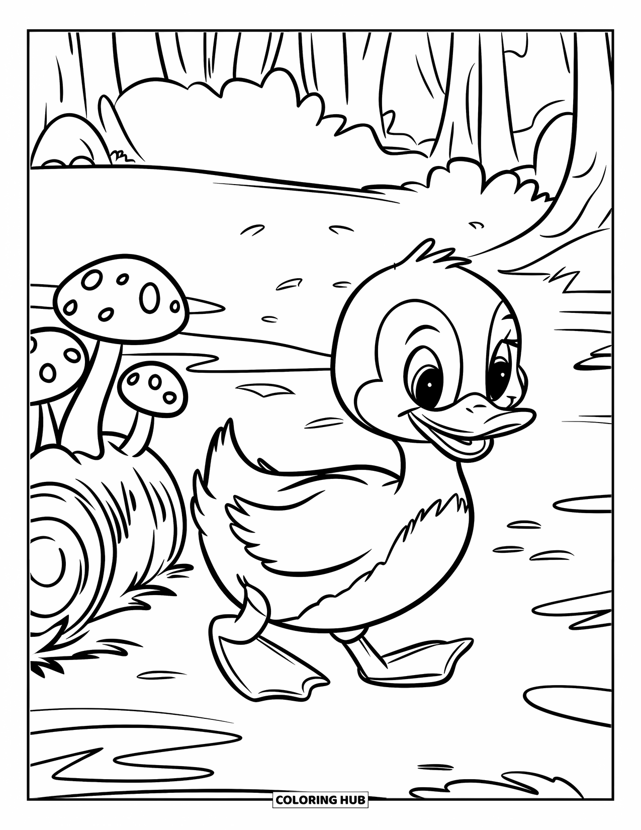 Duckling Coloring Page for Kids: Duckling waddling past a mushroom log in a forest clearing