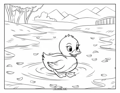 Desenho de patinhos para colorir para crianças: Patinho entre pétalas flutuantes em uma cena de montanha serena