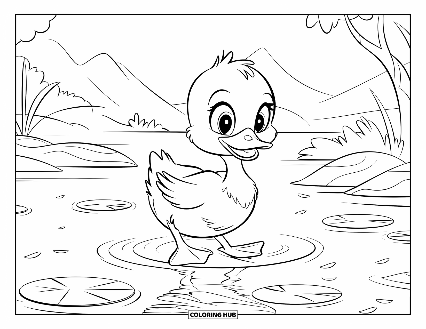 Duckling Coloring Page for Kids: Duckling wading among petals while standing on a lily pad in calm water
