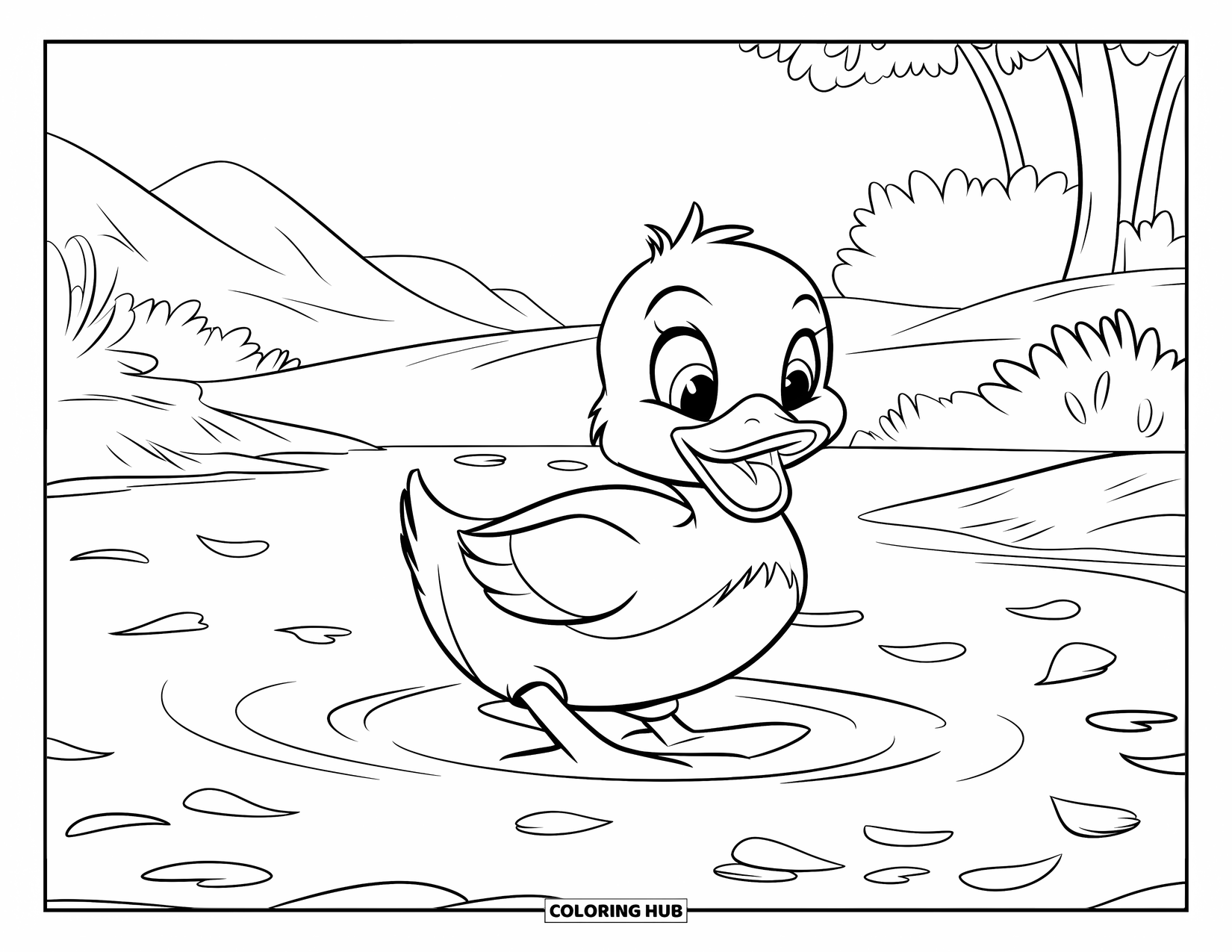 Duckling Coloring Page for Kids: Duckling wading through water with petals, beak open as if to quack