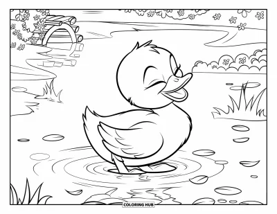 Desenho de patinhos para colorir para crianças: Patinho com os olhos fechados entre flores e uma ponte de madeira