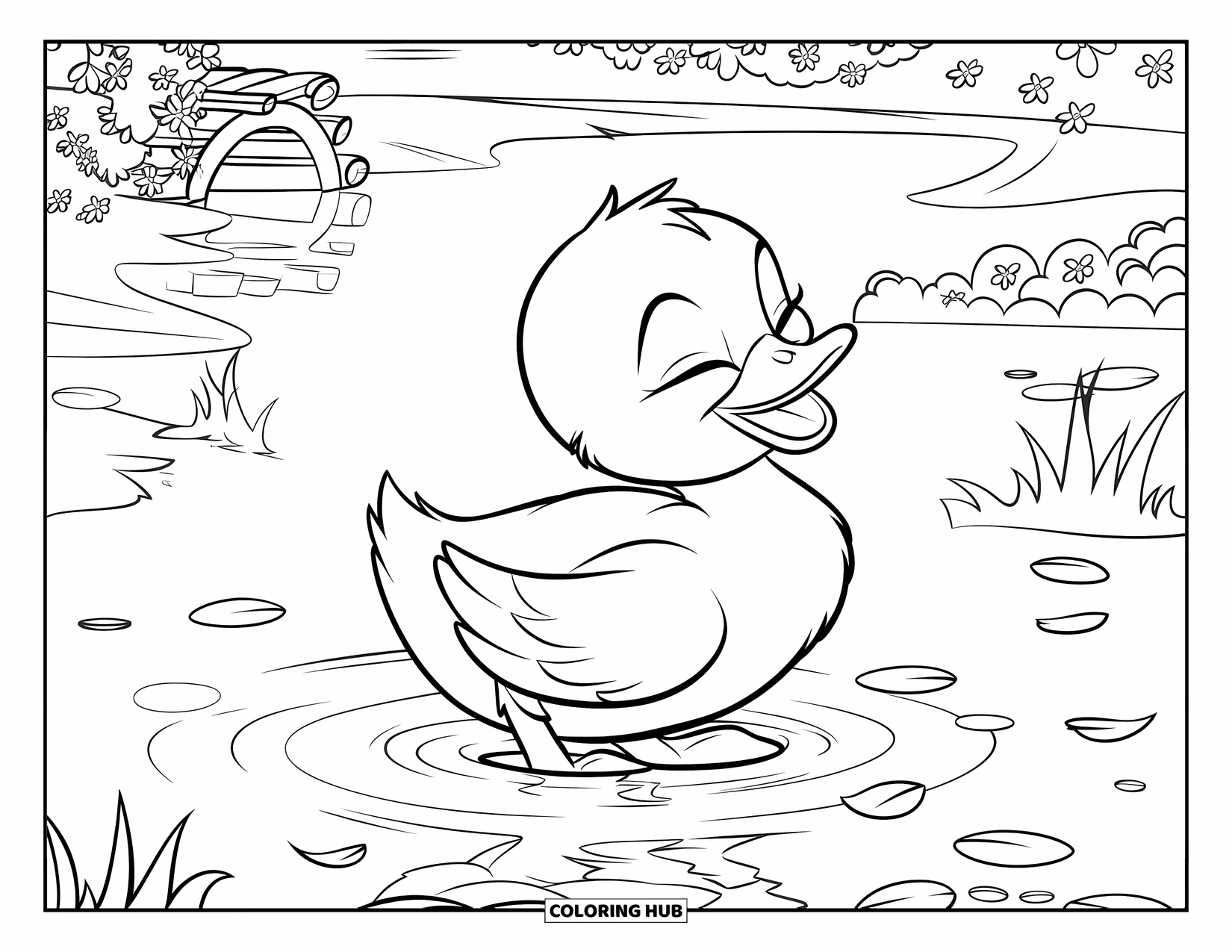 Duckling Coloring Page for Kids: Duckling wading with eyes closed, surrounded by flowers and a wooden bridge