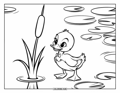 Desenho de patinhos para colorir para crianças: Patinho com gravata-borboleta em pé perto de um taboá com vitórias-régias