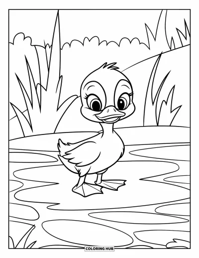 Desenho de patinhos para colorir para crianças: Patinho com olhos grandes em pé na grama com árvores ao fundo