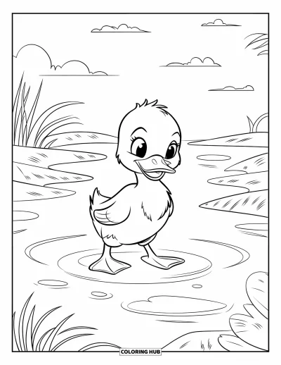 Desenho de patinhos para colorir para crianças: Patinho com pés laranja em pé em água rasa sob um céu nublado
