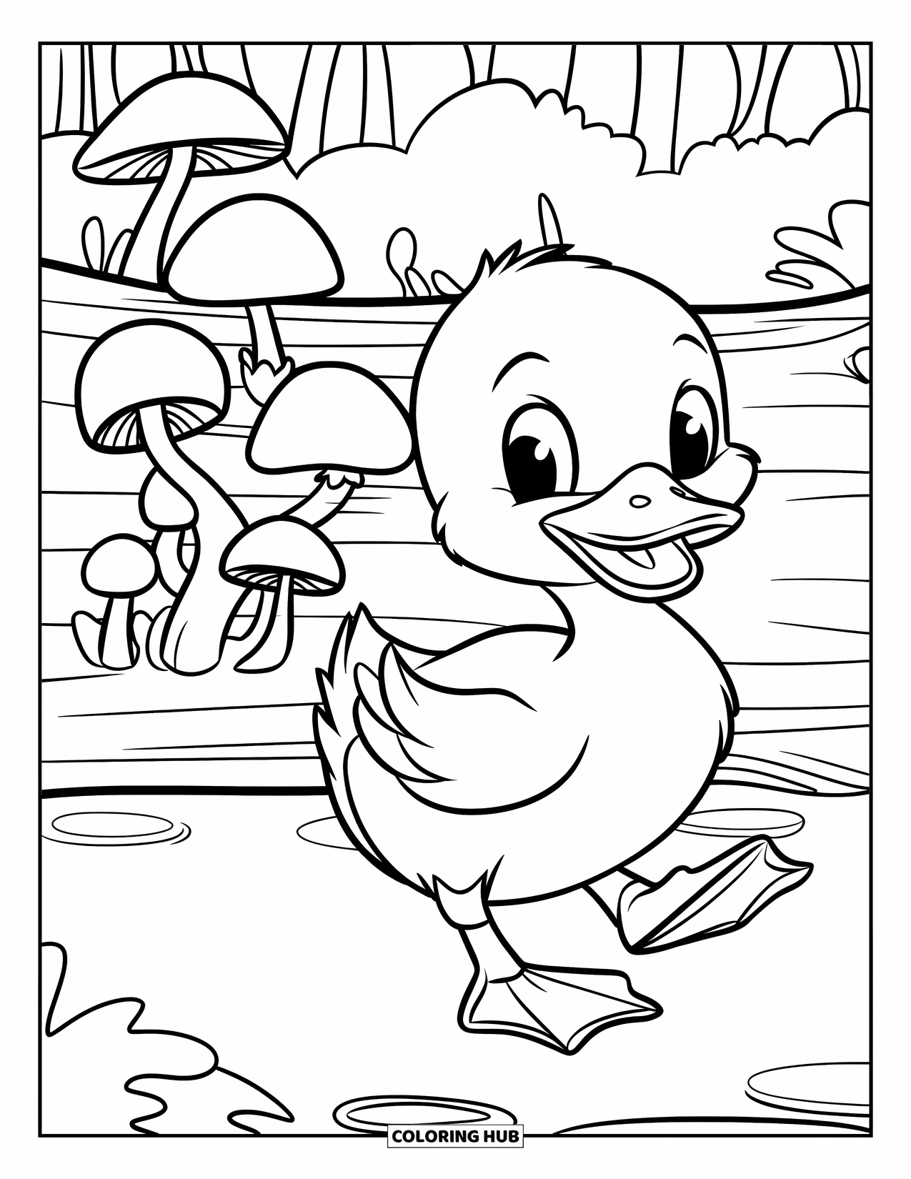Duckling Coloring Page for Kids: Duckling with orange feet walking past mushrooms near a lake