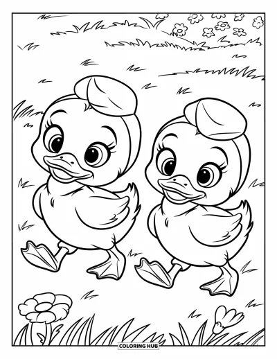 Desenho de patinhos para colorir para crianças: Dois patinhos com chapéus caminhando por um campo verde cheio de flores