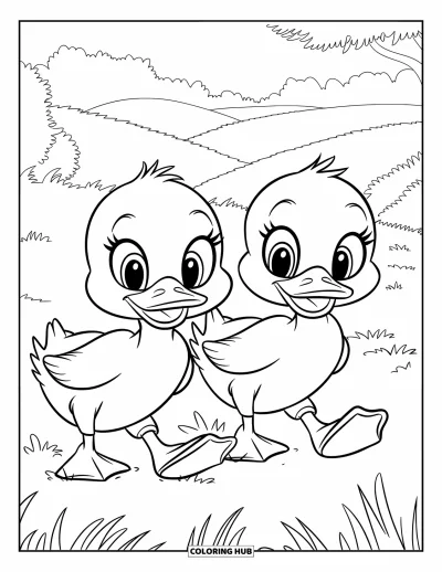 Desenho de patinhos para colorir para crianças: Dois patinhos sorrindo enquanto caminham por colinas verdejantes