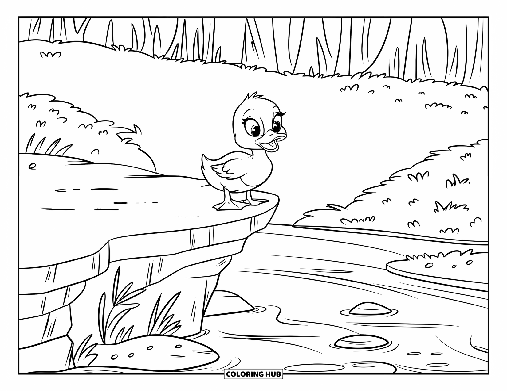 Duckling Coloring Page for Kids: Wide-eyed duckling on a rocky ledge above a creek in a lush forest